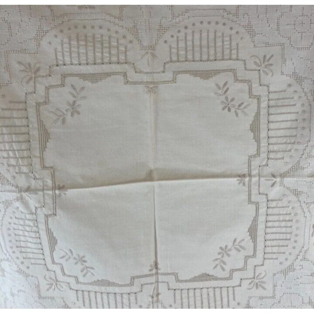 Vintage Beige Art Deco Tablecloth 17x50 Embroidered Rectangle Cottage Grannycore